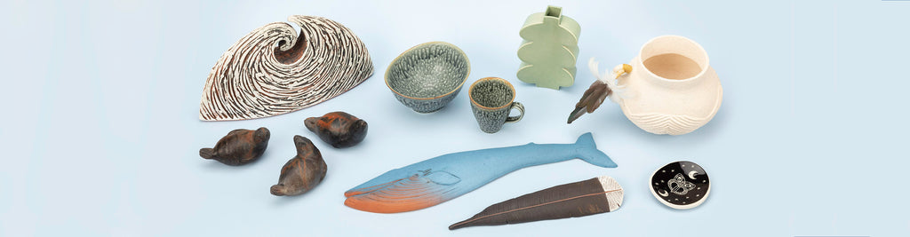 A range of ceramic artworks available for sale at Auckland Museum store including works by Rod and Marguerite Davies, Peter Johnson, Hera Johns and Borrowed Earth