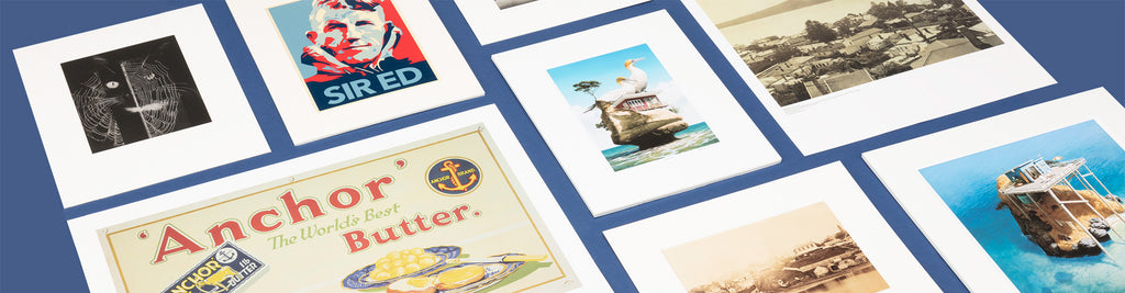 A selection of retro and photographic prints and posters available from the Auckland Museum Store, including those depicting Sir Edmund Hillary and Anchor Butter