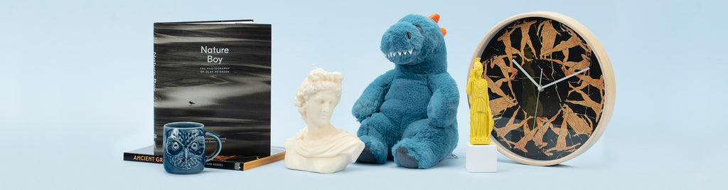 A selection of products for sale at Auckland Museum store relating to current exhibitions including Ancient Greeks, Nature Boy and Peter the T. rex