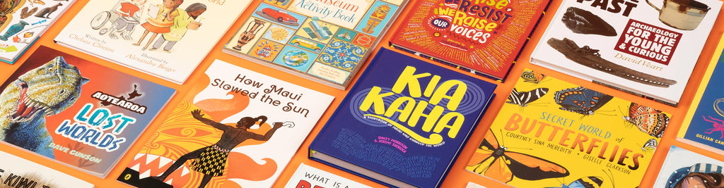 Books for kids sold by Auckland Museum’s store, including Kia Kaha, How Maui Slowed the Sun, Secret World of Butterflies and Aotearoa Lost Worlds