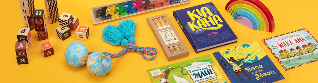 Māori toys, games and books for sale by Auckland Museum’s store including poi, ti rakau sticks, Kia Kaha book, Rona and the Moon book, rainbow te reo Māori blocks, stacking kiwi puzzle and The Boys in The Waka Ama book. 