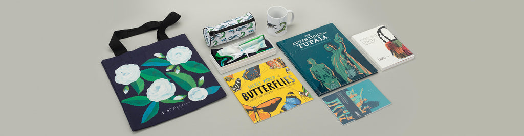 A range of Auckland Museum exhibition merchandise including Sea Monsters pencil case and mug, Carried Away: Bags Unpacked book, Secret World of Butterflies book and The Adventures of Tupaia book