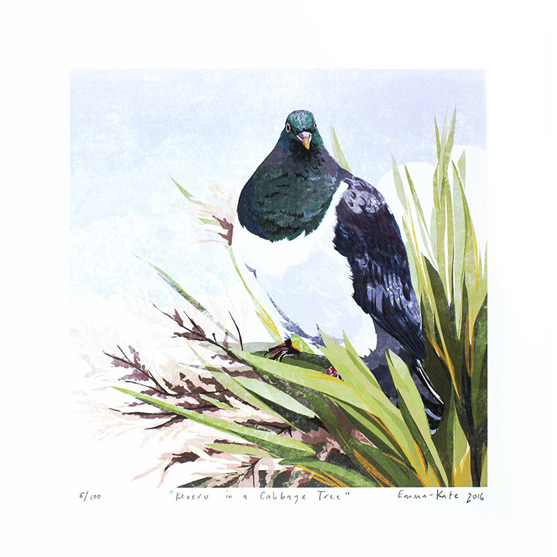 Kererū in a Cabbage Tree Print | By Emma-Kate Moore