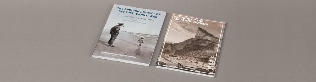 Photo of the covers of The Enduring Impact of The First World War and Records of The Auckland Museum, research publications by Auckland Museum sold at the Museum Store. 