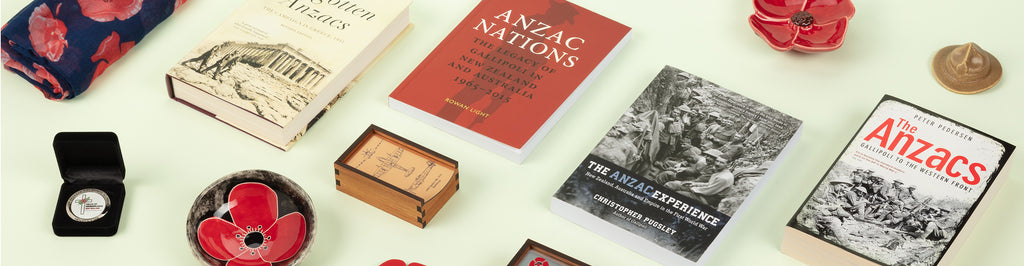 A photo showing a range of war-related books spanning historical conflicts, and observing the social impact of war, for sale at Auckland Musuem’s store.
