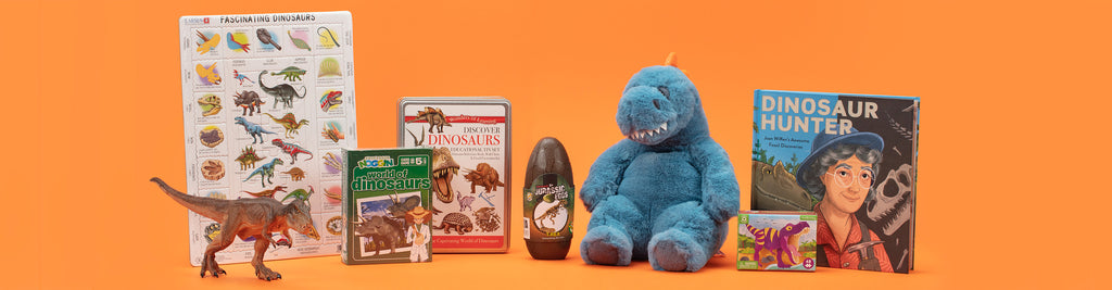 A range of Peter the T.rex merchandise and dinosaur products for sale at the Auckland Museum store, including soft toy dinosaur, dinosaur book, t rex toy and dinosaur puzzles and games