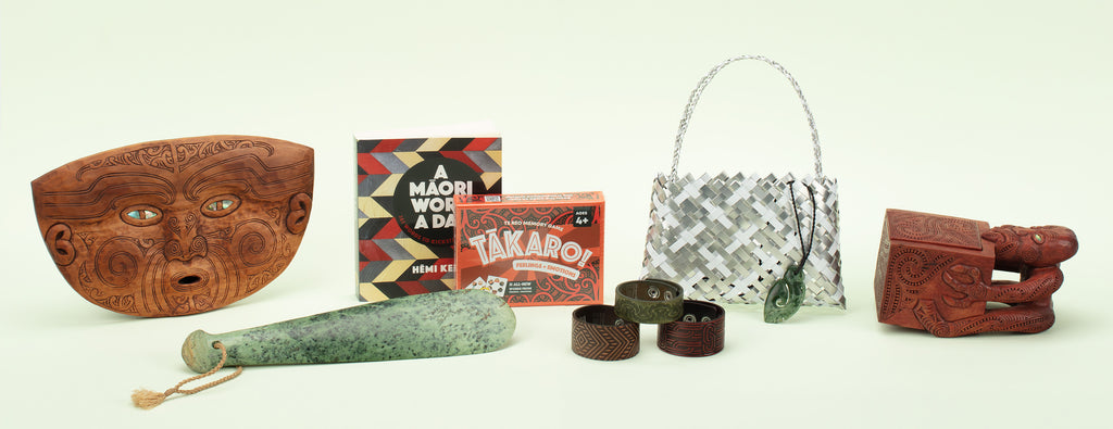 Photograph showing a range of Māori products for sale at Auckland Museum Store including pounamu (greenstone) and carvings