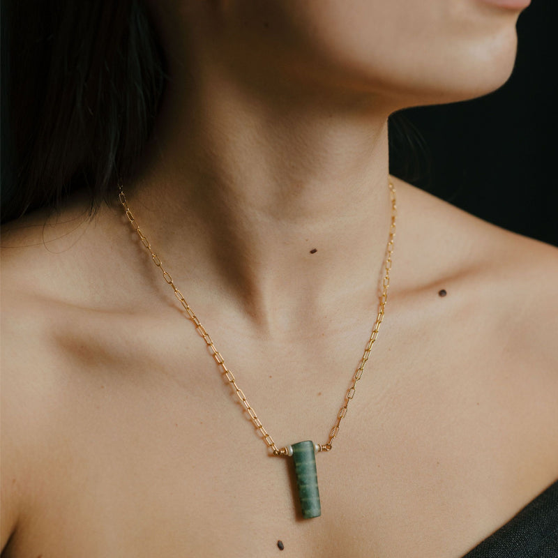 Ikaroa Neckalce - 14k Rolled Gold with Greenstone  & Pearl by Charlotte Penman