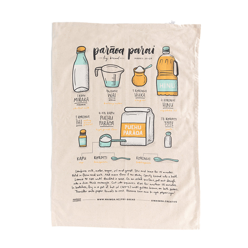 Parāoa Parai (Māori Fry Bread) Recipe Tea Towel |  Maimoa Creative