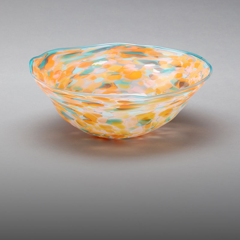Orange, teal and pink glass bowl by New Zealand glass artist Keith Grinter