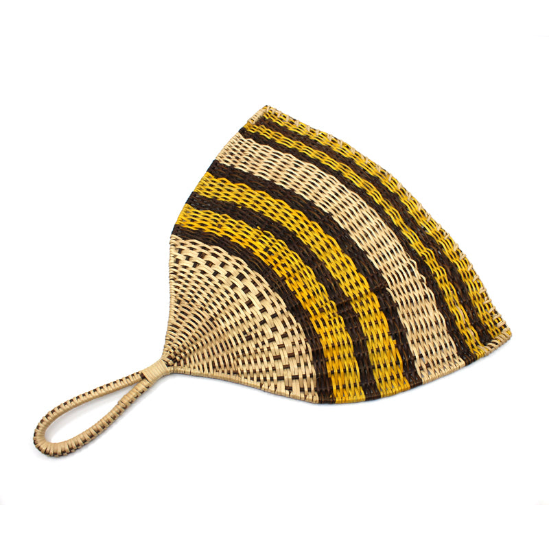 Vanuatu Small Woven Fan - Natural, Brown, and Yellow Striped