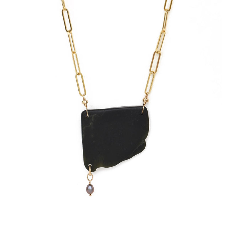 02 Waipuna-ā-rangi Necklace - 14k Rolled Gold with Pounamu & Black Pearl by Charlotte Penman