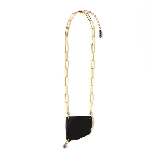 02 Waipuna-ā-rangi Necklace - 14k Rolled Gold with Pounamu & Black Pearl by Charlotte Penman