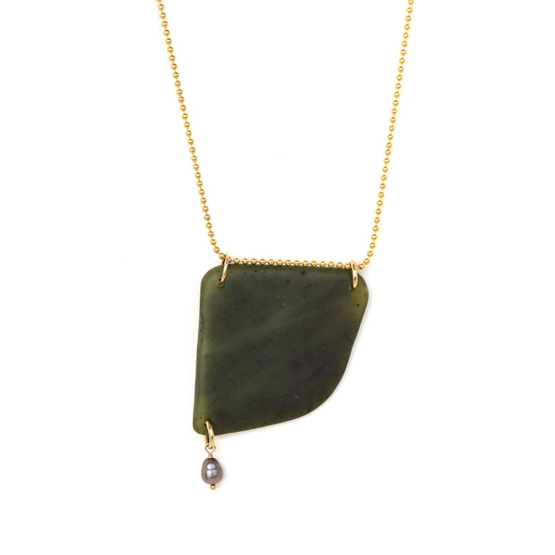 01 Waipuna-ā-rangi Necklace - 14k Rolled Gold with Pounamu & Black Pearl by Charlotte Penman