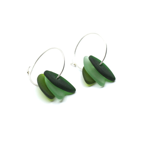 Three Glass Beads on Silver Hoop Earrings - Shades of Green | by Judy Newton